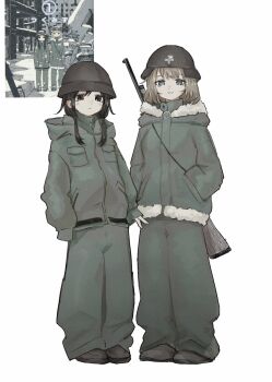 Rule 34 | 2girls, :3, black eyes, black hair, blonde hair, blue eyes, chito (shoujo shuumatsu ryokou), coat, combat helmet, expressionless, fur coat, fur trim, green coat, green pants, grey helmet, gun, gun on back, hands in pockets, hashtag-only commentary, helmet, highres, jacket, long hair, long sleeves, looking at viewer, low twintails, multiple girls, pants, photo inset, short hair, shoujo shuumatsu ryokou, smile, twintails, v, weapon, weapon on back, white background, ymymime, yuuri (shoujo shuumatsu ryokou)