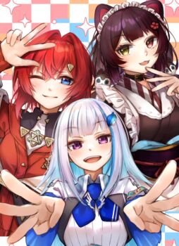 Rule 34 | 3girls, :3, :d, ange katrina, ange katrina (1st costume), animal ears, animal hair ornament, arm up, blue eyes, blue hair, blue neckerchief, blush, brown hair, brown kimono, cardigan, checkered background, closed mouth, collared shrug, colored inner hair, commentary request, crossed bangs, dog ears, double w, finger to mouth, flower, frills, group picture, hair between eyes, hair flower, hair intakes, hair ornament, heterochromia, inui toko, inui toko (1st costume), japanese clothes, kimono, lize helesta, lize helesta (1st costume), looking at viewer, maid headdress, medium hair, multicolored hair, multiple girls, neckerchief, nijisanji, obi, obiage, obijime, one eye closed, open mouth, outstretched arms, purple eyes, purple sash, red cardigan, red eyes, red hair, sash, shirt, shrug (clothing), smile, sparkle, streaked hair, teeth, triangle hair ornament, two-tone hair, upper teeth only, virtual youtuber, w, white hair, white headdress, white shirt, white shrug, yakku, yellow eyes
