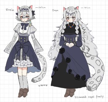 2girls absurdres alternate_costume animal_ear_fluff animal_ears arknights bead_necklace beads blue_dress blush brown_shoes character_name cliffheart_(arknights) commentary_request dress full_body grey_hair grid_background highres jewelry long_hair long_sleeves multiple_girls necklace pramanix_(arknights) shoes siblings signature simple_background sisters smile snow_leopard_ears snow_leopard_girl snow_leopard_tail socks standing tail tiara very_eyes very_long_hair wakame_yogurt white_background white_socks