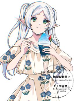 Rule 34 | 1girl, artist name, closed mouth, commentary request, dress, earrings, elf, floral print, floral print dress, flower, food, forget-me-not (flower), frieren, fruit, green eyes, grey hair, holding, holding spoon, jewelry, kizuka2020, long hair, off-shoulder dress, off shoulder, parted bangs, pointy ears, print dress, shaved ice, smile, solo, sousou no frieren, spoon, thick eyebrows, twintails, upper body, watermelon, watermelon slice, white background