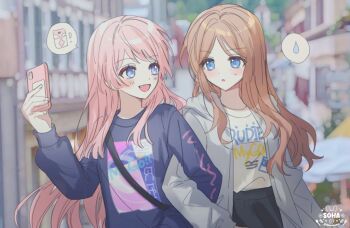 Rule 34 | 2girls, bang dream!, bang dream! it's mygo!!!!!, blue eyes, blue shirt, blurry, blurry background, brown hair, cellphone, chihaya anon, commentary, fang, grey jacket, holding, holding phone, hood, hood down, hooded jacket, jacket, locked arms, long hair, multiple girls, nagasaki soyo, open clothes, open jacket, open mouth, phone, pink hair, shirt, smartphone, soha blan, sweatdrop, untranslatable commentary, white shirt