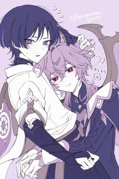 Rule 34 | 2boys, ?, ??, arm at side, arms around waist, belt, black bodysuit, black bridal gauntlets, black coat, black horns, black sleeves, blunt ends, bodysuit, bow, bridal gauntlets, bright pupils, cheroi, chest jewel, closed mouth, coat, crossed bangs, diamond-shaped pupils, diamond (shape), dragon boy, dragon horns, dragon wings, eyeliner, eyeshadow, facial mark, fingernails, forehead mark, furisode, genshin impact, gloves, grey sleeves, hair between eyes, hakama, hakama shorts, hand in another's hair, happy, heart, heart-shaped gem, highres, horns, hug, japanese clothes, kimono, layered sleeves, long sleeves, looking at viewer, makeup, mandarin collar, middle ring, mini durin (genshin impact), mini durin (human) (genshin impact), multiple boys, muted color, open mouth, pink background, pink wings, purple eyes, purple hair, red eyeliner, red eyes, red eyeshadow, rope, scaramouche (genshin impact), short sleeves, shorts, smile, spoken heart, sweatdrop, symbol-shaped pupils, tsurime, twitter username, wanderer (genshin impact), white gloves, white kimono, white pupils, wings