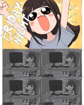 1girl :3 arms_up black_hair blush_stickers brown_eyes chair closed_mouth comic computer computer_keyboard computer_mouse desk english_text grey_shirt highres indoors jitome lamp long_hair monitor office_chair open_mouth original partially_colored shirt short_sleeves sitting solo sweetbreadyay swivel_chair t-shirt yellow_background