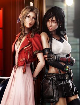 2girls 3d aerith_gainsborough arms_behind_back bare_arms bare_shoulders belt black_gloves black_hair black_legwear black_skirt bow bracelet breasts brown_hair buckle closed_mouth collarbone dress earrings elbow_gloves elbow_pads female_focus final_fantasy final_fantasy_vii final_fantasy_vii_remake fingerless_gloves gloves green_eyes hair_between_eyes highres jacket jewelry large_breasts legs long_hair looking_at_another materia midriff multiple_girls necklace orb parted_bangs parted_lips pink_bow pink_dress pink_ribbon red_eyes ria-neearts ribbon shiny_clothes shiny_skin skirt smile square_enix standing stomach suspender_skirt suspenders tank_top teeth thighhighs thighs tifa_lockhart twitter_username weapon white_tank_top