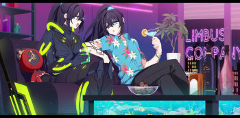 2boys armor bar_(place) black_armor black_gloves black_hair black_pants blue_shirt bottle bowl character_doll chocolate cocktail_glass cocktail_shaker collared_shirt commentary_request crossed_legs cup dante_(limbus_company) doll drinking_glass energy_weapon glaive_(polearm) gloves half_updo hawaiian_shirt high_ponytail highres holding holding_cup hong_lu_(project_moon) indoors k_corp._(identity)_(project_moon) limbus_company long_hair multiple_boys open_mouth pants polearm ponytail project_moon shiki_(shikki46) shirt smile sparkle tingtang_gang_(identity)_(project_moon) very_long_hair weapon