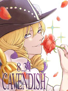 1boy black_hat blonde_hair cavendish_(one_piece) character_name dated drill_hair falling_petals flower hair_between_eyes hat hat_feather highres holding holding_flower long_hair looking_at_viewer male_focus one_piece petals red_flower red_rose rose smith_(smi_op) solo sparkle