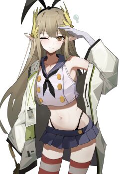 1girl absurdres arknights black_neckerchief blonde_hair blue_sailor_collar blue_skirt closed_mouth coat collarbone commentary_request cosplay cowboy_shot crop_top cropped_shirt elf gloves grey_gloves hair_ornament highleg highleg_panties highres kantai_collection lab_coat lastmatch500 long_hair looking_at_viewer microskirt midriff mole mole_under_eye muelsyse_(arknights) navel neckerchief one_eye_closed open_clothes open_coat panties panty_straps pleated_skirt pointy_ears purple_sailor_collar purple_skirt red_thighhighs rhine_lab_logo sailor_collar salute shimakaze_(kancolle) shimakaze_(kancolle)_(cosplay) shirt simple_background single_off_shoulder skirt sleeveless sleeveless_shirt sleeves_past_fingers sleeves_past_wrists smile solo standing thighhighs underwear white_background white_coat white_shirt yellow_eyes zettai_ryouiki