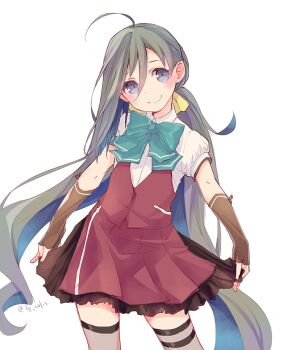 1girl ahoge asymmetrical_hair blue_hair bow bowtie brown_gloves colis commentary contrapposto cosplay cowboy_shot female_focus fingerless_gloves gloves grey_eyes grey_hair hair_between_eyes head_tilt kantai_collection kiyoshimo_(kancolle) long_hair looking_at_viewer low_twintails multicolored_hair remodel_(kantai_collection) shirt short_sleeves simple_background skirt_hold smile solo standing thighhighs twintails twitter_username two-tone_hair very_long_hair vest white_background white_shirt yuugumo_(kancolle) yuugumo_(kancolle)_(cosplay)