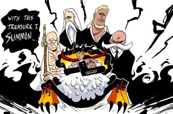 5boys arms_behind_back arthropod_boy bald beard black_necktie black_suit blonde_hair cane chair collared_shirt crossed_arms crossed_legs electricity ethan-baron_v._nusjuro facial_hair formal_clothes glasses gorousei highres holding holding_sword holding_weapon jaygarcia_saturn jujutsu_kaisen looking_at_viewer manly marcus_mars multiple_boys mustache necktie one_piece parody pectorals round_eyewear sepia serious shepherd_ju_peter shirt spider_boy standing suit summoning sword teamwork thick_mustache toadgashi topman_warcury weapon white_hair white_shirt