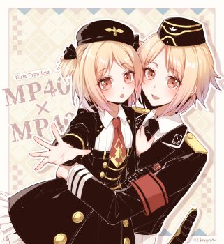 Rule 34 | 2girls, :d, black coat, black dress, black hat, black necktie, black ribbon, blonde hair, blush, breasts, buttons, carrying, carrying person, clone, clothes grab, coat, collared shirt, commentary, commission, copyright name, cross, curious, double-breasted, dress, english commentary, girls' frontline, hair ribbon, happy, hat, highres, iron cross, medium hair, military uniform, mp40 (girls' frontline), mp40 (thumbelina) (girls' frontline), multiple girls, necktie, necktie grab, neckwear grab, open mouth, orange eyes, outstretched arm, pixiv commission, reaching, reaching towards viewer, red necktie, ribbon, shadow71580825, shirt, short necktie, small breasts, smile, upper body, white shirt, yellow eyes