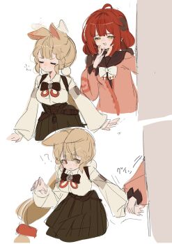 2girls alice_thymefield animal_ears blonde_hair blush braid braided_twintails breasts cardigan chest_bow green_eyes hair_ornament hearing_aid highres long_hair looking_at_viewer low_twin_braids multiple_girls multiple_hair_ribbons open_mouth pink_cardigan rabbit_ears rabbit_girl red_hair siomimi smile sphere_hair_ornament twin_braids twintails ukinami_yuzuha zenless_zone_zero