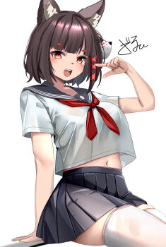 1girl :d absurdres animal_ears arm_behind_back azur_lane black_sailor_collar black_skirt blush breasts brown_hair cat_ears cat_girl cat_mask dedorudy hair_ornament hand_up happy highres mask mask_on_head medium_breasts medium_hair miniskirt navel neckerchief no_tail open_mouth orange_eyes pleated_skirt pointing pointing_at_self red_eyes red_neckerchief sailor_collar school_uniform serafuku shirt sitting skirt smile solo teeth thighhighs thighs upper_teeth_only white_shirt x_hair_ornament yamashiro_(azur_lane) yamashiro_(street_corner_offensive!)_(azur_lane)