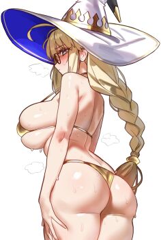 1girl absurdres aesc_(fate) aesc_(rain_witch)_(fate) alternate_breast_size_(larger) ass back bikini black-framed_eyewear blonde_hair blue_eyes blush braid breasts closed_mouth ebora fate/grand_order fate_(series) glasses gold_bikini hat highres huge_breasts long_hair looking_at_viewer micro_bikini round_eyewear sideboob solo string_bikini sweat swimsuit twin_braids white_background white_hat witch_hat