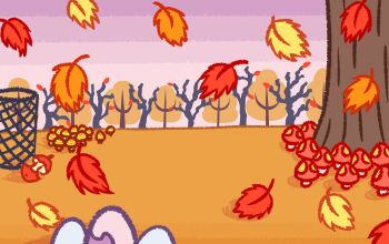 absurdres apple apple_core autumn autumn_leaves balm_mushroom commentary english_commentary falling_leaves food fruit highres katsumuri leaf mushroom nintendo no_humans outdoors pokemon pokemon_(creature) scenery tiny_mushroom_(pokemon) trash_can tree
