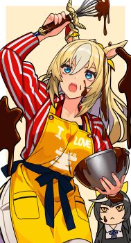 Rule 34 | 2girls, :<, absurdres, animal ears, apron, black hair, black ribbon, blonde hair, blue eyes, border, bowl, calstone light o (umamusume), chocolate, chocolate on face, commentary request, durandal (casual) (umamusume), durandal (umamusume), ear covers, food, food on face, hair between eyes, highres, holding, holding bowl, holding whisk, horse ears, horse girl, horse tail, long hair, looking up, mixing bowl, multicolored hair, multiple girls, open mouth, outside border, pants, red shirt, reibun (raven1119), ribbon, shirt, single ear cover, solo focus, streaked hair, striped clothes, striped shirt, tail, umamusume, vertical-striped clothes, vertical-striped shirt, whisk, white border, white pants, white streaks, yellow apron, yellow background, yellow eyes