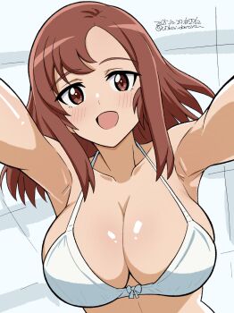 1girl absurdres armpits blush bra breasts brown_eyes brown_hair cleavage collarbone dated grace_maitland_steward highres large_breasts long_hair looking_at_viewer luminous_witches open_mouth signature smile solo underwear unkai_daraku upper_body white_bra world_witches_series