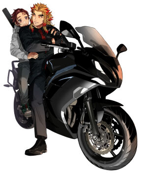 Rule 34 | 2boys, adjusting clothes, adjusting gloves, alternate costume, black gloves, black jacket, black pants, black shirt, black shoes, black suit, blonde hair, brown eyes, brown hair, closed mouth, collared shirt, contemporary, earrings, fingerless gloves, forked eyebrows, formal clothes, full body, gloves, grey jacket, grey pants, hand on another's waist, hashimoto (yanagi-momo), hood, hood down, hooded jacket, hug, hug from behind, jacket, jewelry, kamado tanjirou, kimetsu no yaiba, long hair, long sleeves, looking at another, looking at viewer, male focus, motor vehicle, motorcycle, multicolored hair, multiple boys, necktie, open mouth, pants, red eyes, red hair, red necktie, rengoku kyoujurou, scar, scar on face, scar on forehead, shirt, shoes, simple background, sitting, smile, streaked hair, suit, sword, sword on back, two-tone hair, weapon, weapon on back, white background, yaoi