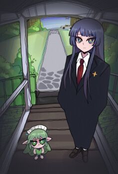 2girls black_souls black_souls_2 blue_eyes blue_hair bright_pupils brown_footwear bush business_suit car chinese_commentary closed_mouth collared_shirt cross-shaped_pupils dark_blue_hair fairy fairy_wings formal_clothes frown green_eyes green_hair green_leotard highres koshou_shou_mitsu leaf_(black_souls) leotard loafers long_hair mabel_(black_souls) maid_headdress motor_vehicle multiple_girls necktie path pointy_ears porch red_necktie road shirt shoes suit symbol-shaped_pupils white_pupils white_shirt wings yellow_pupils