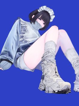 1girl apron black_eyes black_hair blue_background blue_jacket blue_theme blunt_bangs bob_cut commentary covered_mouth frilled_apron frills from_below high_collar highres jacket k2_illustration knees_up long_sleeves looking_at_viewer looking_down loose_socks maid maid_apron maid_headdress nike_(company) original ribbed_socks shoes short_hair shorts simple_background sitting sleeves_past_wrists sneakers socks solo sweater symbol-only_commentary turtleneck unconventional_maid white_shorts white_socks