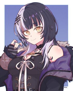 1girl black_choker black_coat black_dress black_hair black_nails breasts choker cleavage closed_mouth coat commentary dress fur-trimmed_coat fur_trim grey_hair hololive hololive_english jewelry large_breasts long_hair looking_at_viewer mikeemyk1 multicolored_hair purple_coat ribbon ring shiori_novella shiori_novella_(1st_costume) short_eyebrows smile solo split-color_hair symbol-only_commentary thick_eyebrows two-sided_coat two-sided_fabric two-tone_hair virtual_youtuber white_ribbon yellow_eyes