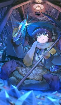 1girl apron blue_ribbon boots brown_hair capelet commentary crystal diffraction_spikes dinosaur_skull fate/grand_order fate_(series) fire fossil glint green_boots green_capelet green_jacket green_skirt hanging_lantern hat holding holding_crystal holding_pickaxe jacket koume_keito lantern long_hair long_sleeves mary_anning_(fate) mary_anning_(second_ascension)_(fate) minecart mineshaft mittens mollusc_shell neck_ribbon official_art open_clothes open_jacket overskirt pickaxe pleated_skirt ribbon scarf shell shirt sitting skirt slit_pupils smirk solo straw_hat sun_hat teeth third-party_source underground waist_apron white_shirt yellow_apron yellow_eyes yellow_mittens yellow_scarf