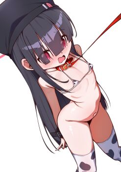 1girl animal_collar animal_print bikini black_hair blue_archive blush bottomless collar cow_print ear_blush embarrassed halo hat highres justice_task_force_member_(blue_archive) leash leash_pull led_winter loli long_hair looking_to_the_side micro_bikini multicolored_thighhighs navel no_panties open_mouth red_eyes red_halo swimsuit thighhighs white_background