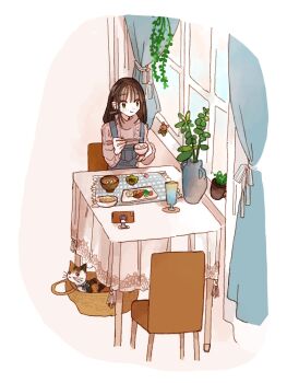 1girl :t basket blue_overalls bowl brown_hair cat chair chewing chopsticks food green_eyes grey_sweater highres holding holding_bowl holding_chopsticks indoors long_hair on_chair original overalls plant potted_plant sitting solo sweater table translation_request white_background window yasu_urayaka