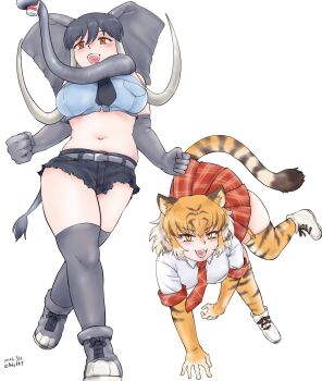 2girls african_elephant_(kemono_friends) all_fours animal_ears animal_print bare_shoulders black_hair black_shoes blue_shirt blush boots collared_shirt crop_top cutoffs elbow_gloves elephant_ears elephant_girl elephant_tail garter_straps gloves grey_boots grey_gloves grey_hair grey_thighhighs hair_between_eyes highres kemono_friends midriff multicolored_hair multiple_girls navel necktie open_mouth orange_eyes orange_gloves orange_hair orange_thighhighs plaid_clothes plaid_necktie plaid_skirt plaid_trim pleated_skirt print_gloves print_thighhighs red_necktie red_skirt red_trim saja_(166j357) shirt shoes short_hair short_shorts shorts sidelocks skirt sleeveless smile tail thighhighs tiger_(kemono_friends) tiger_ears tiger_girl tiger_print tiger_tail two-tone_hair white_boots white_hair white_shirt yellow_eyes zettai_ryouiki
