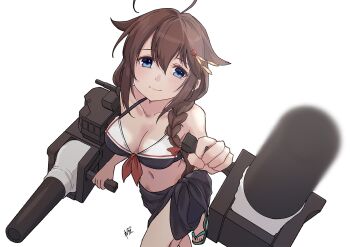 Rule 34 | 1girl, adapted costume, adapted turret, ahoge, bikini, black bikini, black sarong, blue eyes, blurry, braid, breasts, brown hair, cannon, cleavage, commentary request, depth of field, from above, front-tie bikini top, front-tie top, hair flaps, hair over shoulder, kantai collection, long hair, medium breasts, navel, neve (morris-minicooper), sailor bikini, sailor collar, sandals, sarong, shigure (kancolle), shigure kai ni (kancolle), shigure kai ni (swimsuit) (kancolle), simple background, single braid, solo, swimsuit, white background