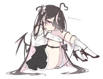 1girl ahoge black_eyes black_hair black_shoes black_skirt blush closed_mouth colored_inner_hair demon_girl demon_tail demon_wings full_body hair_over_one_eye heart heart_ahoge high_heels highres hugging_own_legs long_hair looking_at_viewer miniskirt multicolored_hair one_eye_covered one_side_up original parted_bangs pink_streaks shirt shoes simple_background sitting skirt socks solo streaked_hair tail thigh_strap very_long_hair white_background white_shirt white_socks wings yu_o015