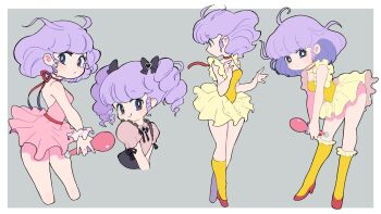 1girl bare_shoulders belt black_bow black_eyes black_ribbon border bow choker closed_mouth commentary creamy_mami cropped_torso deformed dress drill_hair drill_sidelocks frilled_choker frilled_dress frilled_socks frilled_wrist_cuffs frills full_body grey_background hair_bow hands_up high_heels highres holding holding_microphone kneehighs leaning_forward leotard looking_at_viewer looking_to_the_side mahou_no_tenshi_creamy_mami medium_hair microphone miyata_(lhr) multiple_views neck_ribbon outside_border pink_dress pink_shirt puffy_short_sleeves puffy_sleeves purple_hair red_belt red_choker red_ribbon red_shoes ribbon ribbon_choker shirt shoes short_dress short_sleeves sidelocks skirt sleeveless sleeveless_dress smile socks standing star_(symbol) turning_head twin_drills twintails white_border wrist_cuffs yellow_leotard yellow_skirt yellow_socks