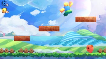 1other absurdres brick cloud cloudy_sky crossover day fence full_body highres himochuu jumping lake mario_(series) mountainous_horizon nintendo noob_(roblox) numbered outdoors roblox sky smile solo