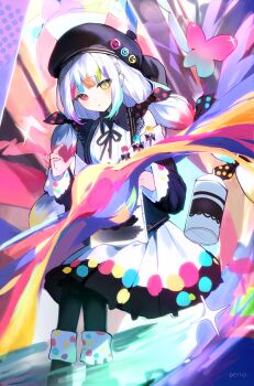 1girl absurdres artist_painter beret black_hat black_pantyhose bow canvas_(object) commentary explosion hat heterochromia highres holding jogasaki_noah looking_at_viewer mahou_shoujo_no_majo_saiban multi-tied_hair multicolored_butterfly paint paint_stains paintbrush pantyhose peno polka_dot polka_dot_bow red_eyes solo spray_can twintails white_hair yellow_eyes