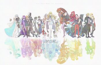 6+boys 6+girls aesc_(fate) aesc_(savior)_(fate) akuta_hinako anastasia_(fate) animal_ears anniversary armored_boots ascot ashwatthama_(fate) baobhan_sith_(fate) baobhan_sith_(first_ascension)_(fate) beryl_gut black_boots black_coat black_dress black_gloves black_hair black_jacket black_pantyhose black_shirt black_shoes black_veil blonde_hair blue_ascot blue_cape blue_eyes blue_hair boots caenis_(fate) caenis_(second_ascension)_(fate) cape castor_(fate) closed_eyes closed_mouth coat copyright_name crossed_arms crown crypters_(fate/grand_order) dark-skinned_female dark-skinned_male dark_skin daybit_sem_void different_reflection dress eyepatch fate/grand_order fate_(series) feathers formal_clothes fur-trimmed_cape fur-trimmed_jacket fur_trim glasses gloves gold_hairband gradient_hair grey_boots grey_hair grey_jacket grey_pants grey_vest hair_over_one_eye hair_slicked_back hairband hand_in_pocket hand_up hands_on_own_knees headpiece high_heel_boots high_heels highres holding holding_wand jacket kadoc_zemlupus kirschtaria_wodime long_hair long_sleeves looking_at_another looking_at_viewer looking_to_the_side mask medallion morgan_le_fay_(fate) morgan_le_fay_(queen_of_winter)_(fate) multicolored_hair multiple_boys multiple_girls ophelia_phamrsolone orange_hair pants pantyhose pink_hair pollux_(fate) ponytail prince_of_lan_ling_(fate) purple_dress purple_hair purple_shoes red_dress red_hair red_pants reflection satanenemu scandinavia_peperoncino scathach_(fate) scathach_skadi_(fate) shirt shoes short_hair short_twintails side_cape sigurd_(fate) smile standing standing_on_one_leg stole suit tezcatlipoca_(fate) tezcatlipoca_(first_ascension)_(fate) twintails two-tone_hair veil vest viy_(fate) wand white_boots white_cape white_coat white_feathers white_gloves white_hair white_jacket white_pants white_suit yu_mei-ren_(fate)