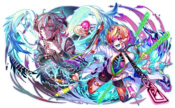 1boy 2boys animal_ornament aqua_eyes aqua_tongue arm_wrap artist_request asymmetrical_legwear bandaged_horn belt belt_buckle belted_coat black_sclera black_shirt black_thighhighs blue_bow blue_nails blue_sclera bone bow broken_heart buckle cat_ornament cel_shading chain chain_around_neck character_request checkered_wrist_cuffs closed_mouth coat collarbone colored_sclera colored_teeth crash_fever crying despair_(crash_fever) drooling earrings facial_mark finger_wrap fingernails flower_earrings full_body game_cg gloves green_eyes green_teeth grey_hair hair_bow hair_ornament hairclip hand_wraps heart heart_(organ) heart_earrings heart_hair_ornament heart_ornament heterochromia holding holding_knife horns jewelry knife lab_coat male_focus medicine medium_hair mismatched_legwear mouth_drool multicolored_hair multiple_boys nail_polish neck_wrap no_shirt no_shoes number_print numbered official_art open_clothes open_coat open_mouth orange_hair orange_teeth outline pale_skin partially_fingerless_gloves pill pink_eyes pink_hair plant purple_belt purple_hair red_gloves red_outline red_teeth red_thighhighs ribs ring shirt short_hair single_bare_shoulder single_wrist_cuff square square_print streaked_hair syringe tachi-e tears teeth thigh_strap thighhighs third-party_source three-quarter_sleeves toes tongue tongue_out torn_clothes torn_coat torn_sleeves torn_thighhighs transparent_background two-sided_coat two-sided_fabric two-tone_wrist_cuffs upper_body vines water_drop white_coat white_tongue white_wings wings wrist_cuffs wristband yellow_teeth zipper