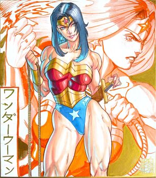 1girl acecore2k black_hair blue_eyes bracer character_name clenched_hand commentary dc_comics earrings english_commentary gold_bracer highleg highleg_leotard highres holding_lasso jewelry lasso lasso_of_truth leotard long_hair looking_at_viewer marker_(medium) muscular muscular_female painting_(medium) pen_(medium) pink_nails pinup_(style) smile solo star_(symbol) star_earrings star_print strapless strapless_leotard superhero_costume sword traditional_media weapon wonder_woman wonder_woman_(series)