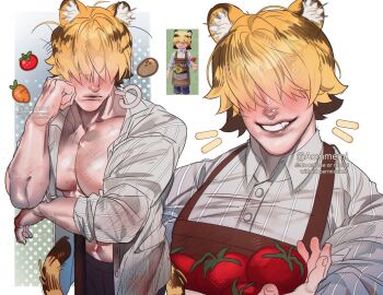 1boy animal_ear_fluff animal_ears aommemi apron arm_rest blanc_(heartopia) blonde_hair brown_hair carrot closed_mouth collared_shirt commentary cowboy_shot elbow_rest facing_viewer fang food grin hair_over_eyes hand_on_own_cheek hand_on_own_face head_rest heartopia highres holding holding_food large_pectorals male_focus multicolored_hair muscular muscular_male navel open_clothes open_shirt pectorals portrait potato puff_of_air reference_inset shirt short_hair smile solo sweat symbol-only_commentary tail teeth tiger_boy tiger_ears tiger_tail tomato two-tone_hair white_background