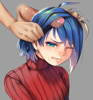 Rule 34 | 10s, 2boys, ahoge, blue hair, cardfight!! vanguard, censored, clenched teeth, disembodied penis, grabbing another's hair, green eyes, grey background, hairjob, heart, heart censor, holding another's hair, male focus, multiple boys, one eye closed, penis, precum, sendou aichi, solo focus, sweater, tears, teeth, torikawa (tori1002), turtleneck, veins, veiny penis, wince, yaoi