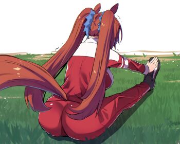 1girl animal_ears ass breasts brown_hair daiwa_scarlet_(umamusume) from_behind grass hair_ornament highres hinghoi horse_ears horse_girl horse_tail jacket large_breasts long_hair pants red_jacket red_pants red_track_suit shoes sitting solo stretching tail tracen_training_uniform track_jacket track_pants track_suit twintails umamusume very_long_hair