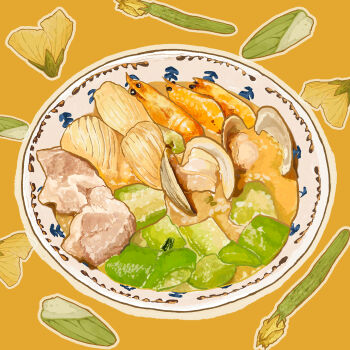 Rule 34 | bowl, bukepan menpou, food, food focus, highres, no humans, orange background, original, oyster, scallop, shrimp, soup, vegetable