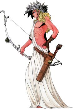 Rule 34 | 1boy, apollo (megami tensei), archery shooting glove, arrow (projectile), artist request, blonde hair, blue eyes, bow (weapon), demon (megami tensei), gloves, hand on own hip, highres, holding, holding bow (weapon), holding weapon, kyuuyaku megami tensei, laurel crown, official art, partially fingerless gloves, quiver, shin megami tensei, single glove, solo, third-party source, toga, weapon