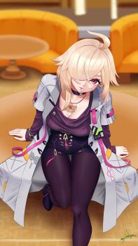1girl absurdres black_choker blonde_hair breasts chenxue_(honkai_impact) choker dubiwyne hair_ornament hair_over_one_eye highres honkai_(series) honkai_impact_3rd long_bangs long_hair looking_at_viewer mature_female open_mouth red_eyes shirt short_sleeves thighs