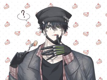 Rule 34 | 1boy, ?, beanie, black hair, black hat, black jacket, black shirt, cake, cake slice, chain, chain necklace, earrings, eating, food, fork, green eyes, hat, highres, hihaho636, holding, holding fork, jacket, jewelry, licking, licking nipple, looking to the side, male focus, mechanical hands, muscular, muscular male, necklace, nipple stimulation, pearl horn ornament, polka dot, polka dot background, red lining, robo frostor, screw, shirt, short hair, skoshism, speech bubble, stud earrings, virtual youtuber
