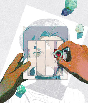 absurdres ben-day_dots commentary dice freckles highres jojo_no_kimyou_na_bouken out_of_frame polyhedral_dice puzzle sang_(3soun) screentones short_hair straight-on vento_aureo vinegar_doppio