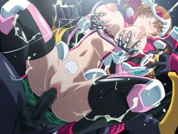 1boy 1girl blush bodysuit breasts brown_hair censored closed_eyes cum cum_on_body game_cg gan-chan_(artist) grabbing_another&#039;s_breast groping hetero hitozuma_sentai_aisaiger interspecies lactation large_breasts magical_girl monster morisaki_miku mosaic_censoring navel nipples non-web_source official_art open_mouth penis pussy saiger_rose sex skin_tight solo_focus spread_legs thighhighs vaginal variant_set wince