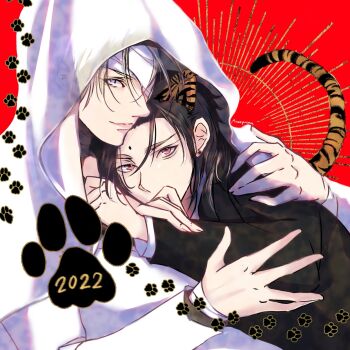2022 2boys animal_ears artist_name bandaged_head bandages bindi black_hair blonde_hair blue_eyes chinese_zodiac earrings final_fantasy final_fantasy_vii final_fantasy_vii:_advent_children highres jewelry looking_at_viewer male_focus multiple_boys new_year paw_print ponco_pacoooon red_eyes rufus_shinra square_enix tail tiger_ears tiger_tail tseng turks_(ff7) veil yaoi year_of_the_tiger
