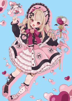 1girl ankle_strap asymmetrical_legwear belt black_belt black_bow black_capelet black_ribbon black_sleeves black_socks blonde_hair blue_background blue_bow blue_ribbon blunt_bangs blush bonnet bow bow_legwear brooch buckle buttons capelet chinstrap colored_inner_hair commentary dress drill_hair drop_shadow dutch_angle fangs footwear_bow frilled_bonnet frilled_capelet frilled_dress frilled_sleeves frills full_body hair_intakes hair_ornament hair_ribbon heart heart-shaped_buckle heart_brooch heart_wand highres holding holding_wand jewelry long_hair long_sleeves looking_at_viewer magical_girl makaino_ririmu mascot mismatched_legwear multicolored_hair multiple_belts neck_ribbon nijisanji official_alternate_costume official_alternate_hairstyle open_mouth petticoat pink_bow pink_dress pink_hair pink_ribbon pink_shoes pink_streaks pointy_ears puffy_long_sleeves puffy_sleeves red_eyes red_ribbon ribbon rinrinrin0954 shoes sidelocks simple_background smile socks solo standing streaked_hair symbol-only_commentary two-tone_hair two_side_up virtual_youtuber wand white_socks winged_heart winged_wand x_hair_ornament