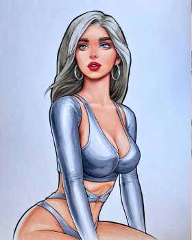 1girl alternate_hairstyle blonde_hair blue_eyes bra breasts cleavage commentary detached_sleeves earrings english_commentary highres hoop_earrings jewelry large_breasts lilith_(vampirella) marker_(medium) o-ring parted_lips red_lips sacred_six solo traditional_media underwear unfinished vampirella white_bra will_jack