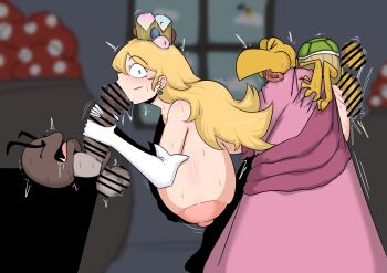 1girl 2boys blonde_hair blush breasts censored closed_eyes clothed_sex condom earrings fellatio goomba grabbing_another's_ass grabbing_from_behind groping group_sex huge_breasts huge_penis huge_testicles interspecies jewelry koopa_troopa long_hair mario_(series) mmf_threesome monster mosaic_censoring multiple_boys netorare nintendo open_mouth oral penis penis_grab piercing princess_peach sex sex_from_behind size_difference surprised sweat testicles threesome tongue tongue_out