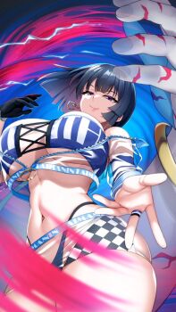 1girl artist_request bob_cut breasts curvy floating_arms floating_hair high_heels highres huge_breasts lilith-soft lips looking_at_viewer miniskirt navel official_art official_wallpaper phone_wallpaper race_queen ryuuzen_tomoko see-through_clothes see-through_skirt shaded_face shiny_skin short_hair skirt smile solo taimanin_(series) taimanin_rpgx taimanin_suit thong wallpaper wide_hips